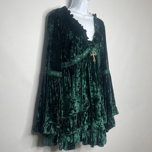 Dolls Kill House of Widow Real Divinity Velvet Mini Dress Size L Emerald Green - Picture 3 of 8